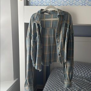 Altar'd State Blue and Tan Plaid Button-Down Shirt